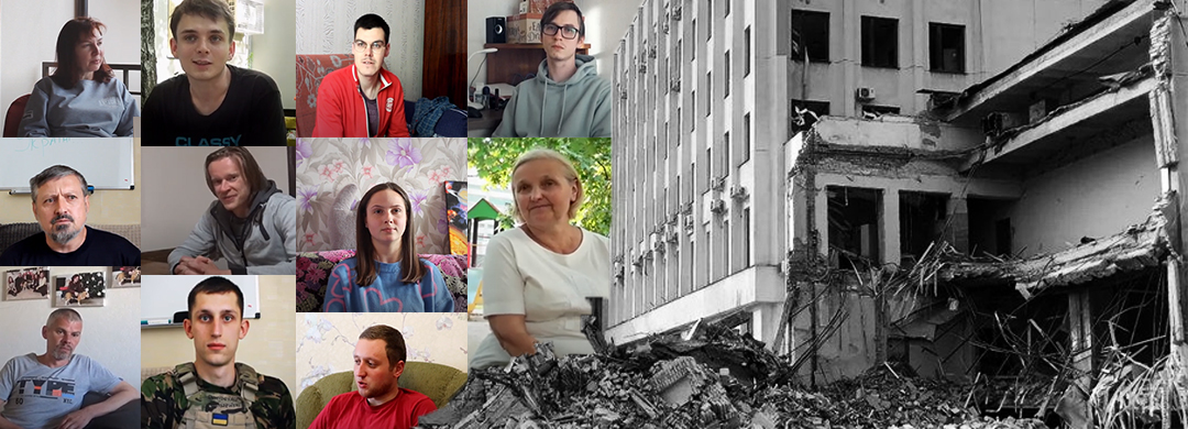 Collage der Interviewten des Themenschwerpunkts und einer Ansicht des zerstörten Charkiw von Vlad Vinogradoff